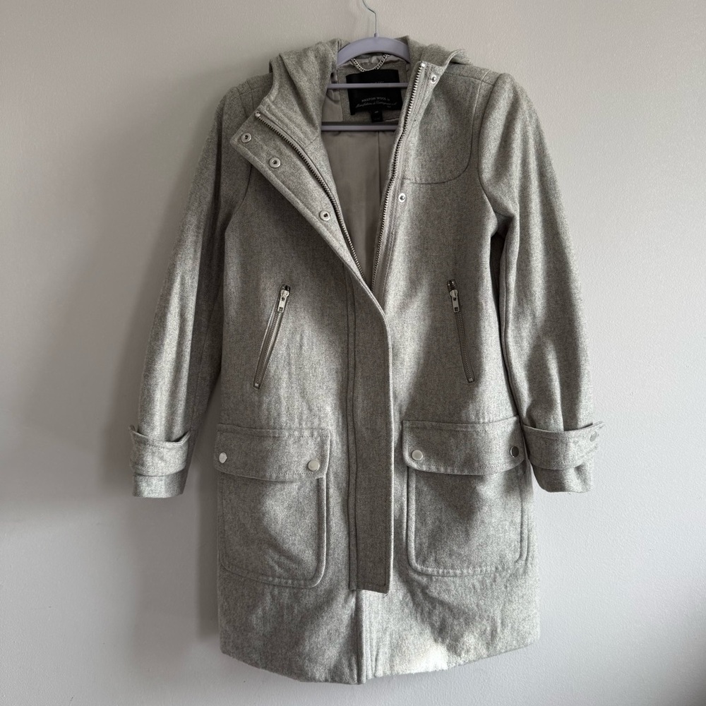 J. Crew Light Gray Hooded Wool-Blend Trench Coat Women size 4P